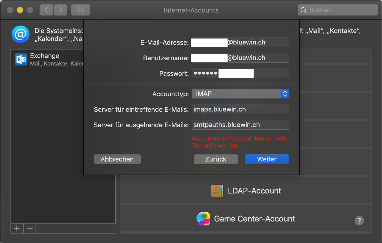 Beim Einrichtungsprozess kann der Accountname und Passwort nicht überprüft werden. Bis dahin ist dies das einzige, was ich eingegeben habe.