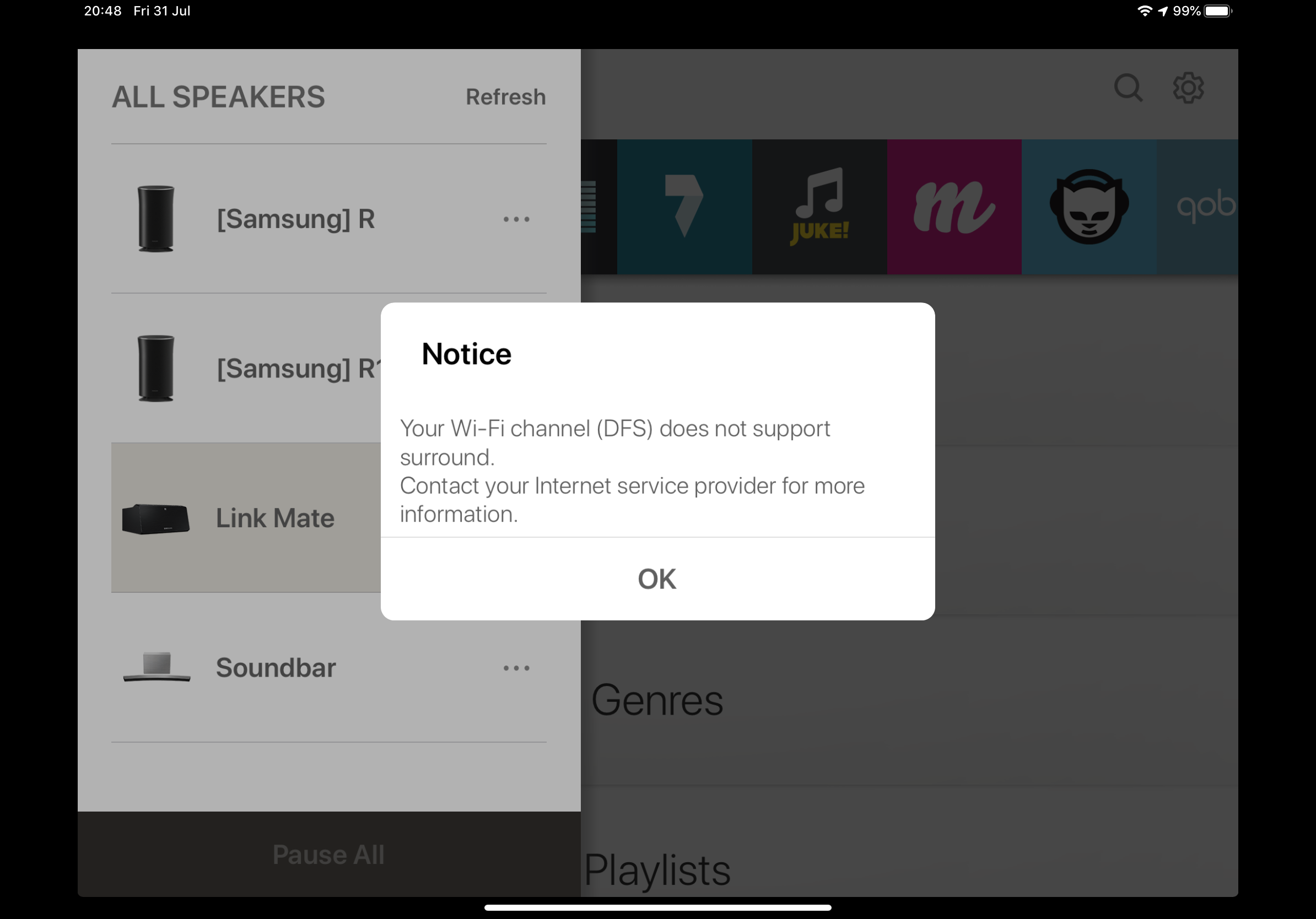 Your WiFi channel (DFS) does not support surround