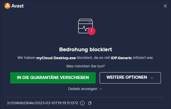 1.) myCloud Desktop.exe wegen IDP.Generic-Infektion von Avast Antivir blockiert