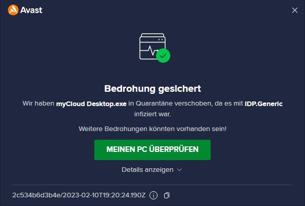 2.) myCloud Desktop.exe wegen IDP.Generic-Infektion von Avast Antivir in Quarantäne verschoben
