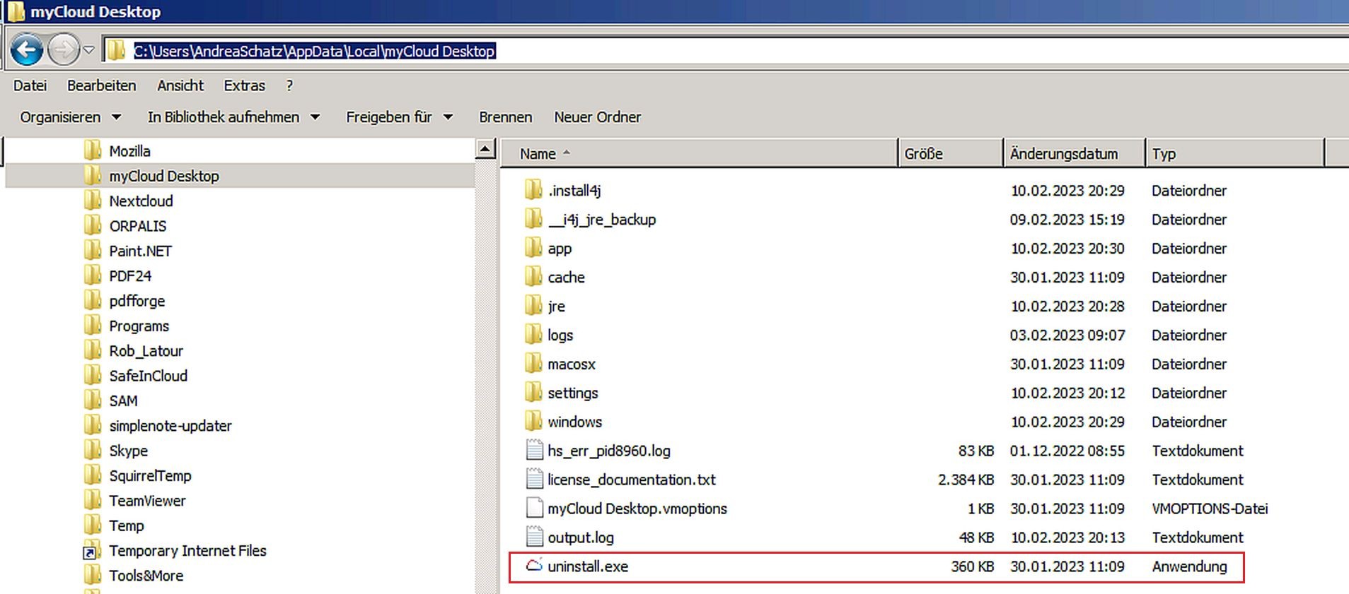 3.) uninstall.exe (Pfad zum Ablageort)
